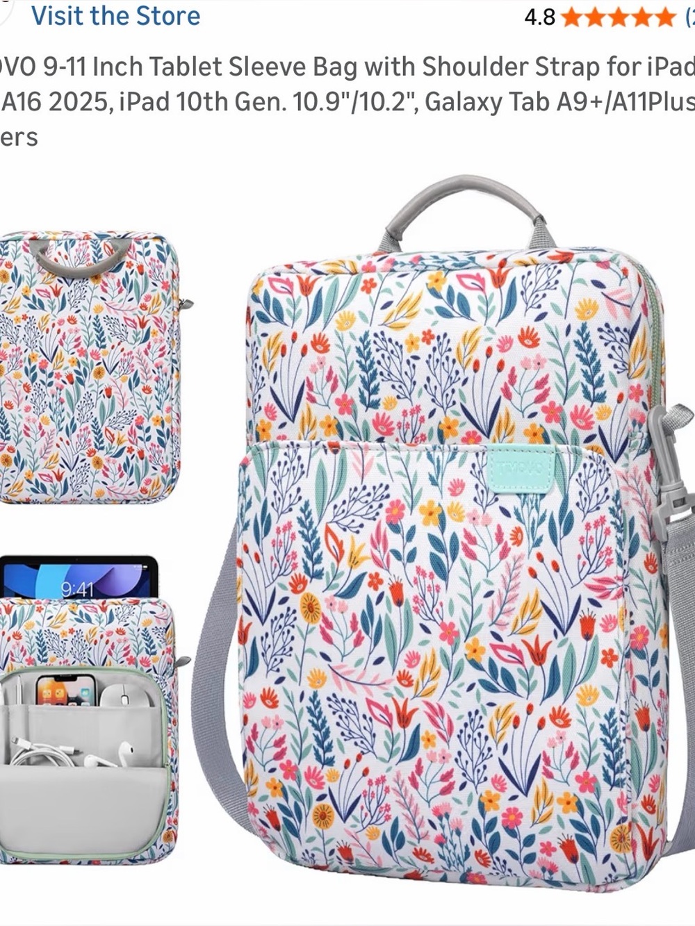 TiMOVO 9-11 Inch Tablet Sleeve Bag with Shoulder Strap - Floral Print - NEW